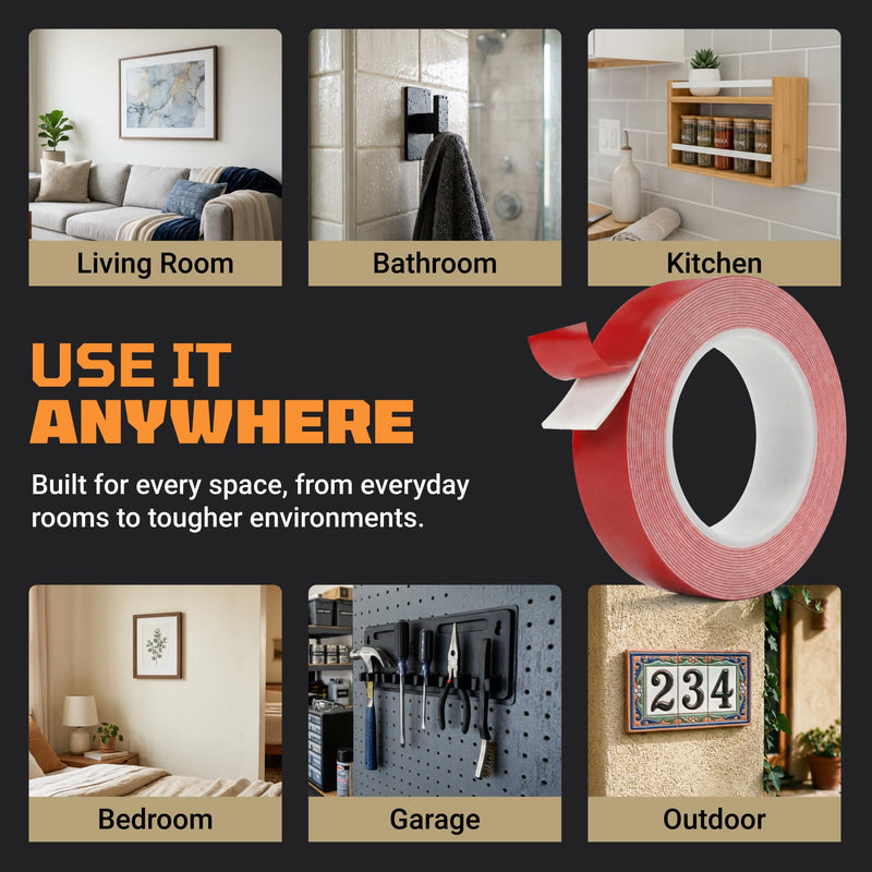 TOOLTROOPERS Wall-Safe Double-Sided Mounting Tape - Heavy-Duty 2-Sided Adhesive Tape - Damage-Free Removal, No Residue - Easy-Peel Liner for Home, Office, DIY, Posters & Signs – 16.4 ft Roll (White)