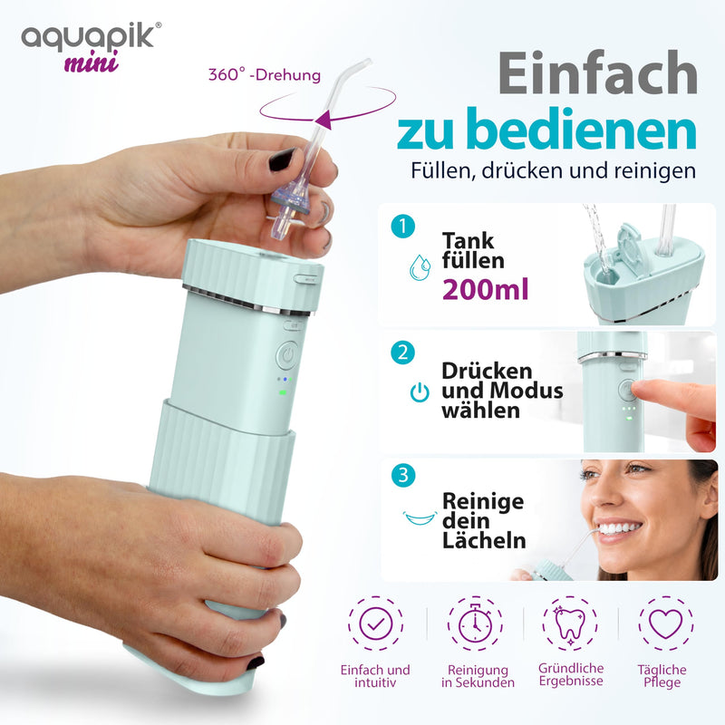 Aquapik Mini Portable Oral Irrigator 200ml USB-C 3 Pressure Levels IPX8 for Office C.blue tragbar