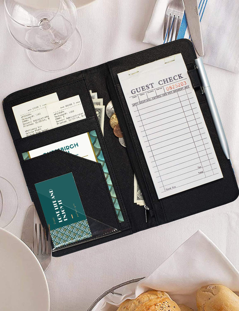 [Australia - AusPower] - Zreal Server Book With Zipper Pocket, 5 X 9 Waitress Book, Magnetic Closure Pocket, Big Volume, Guest Check With Pen Holder for Waiter Server Wallet Fit Waitress Apron (Black) Plain Black 
