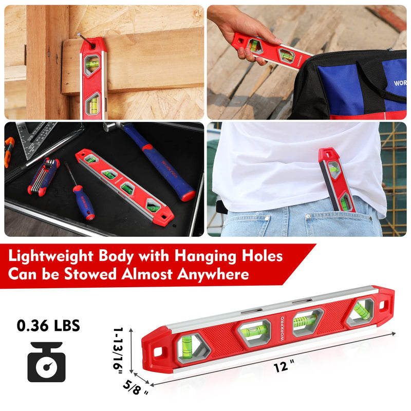 [Australia - AusPower] - WORKPRO 12 Inch Torpedo Level and 3-Piece Spirit Level Set (12", 20", 40") 