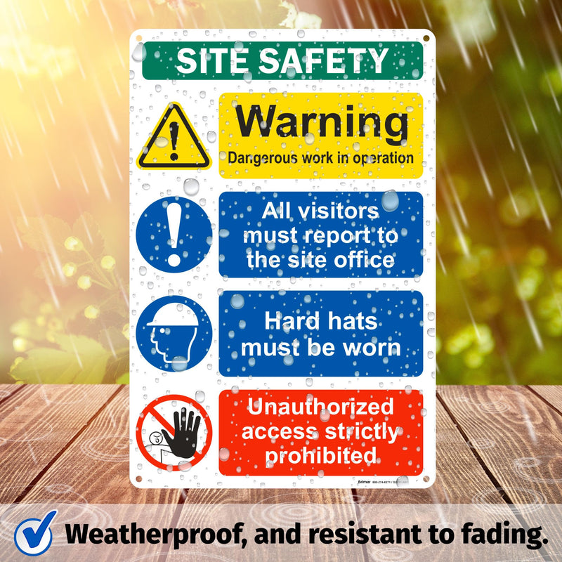 Brimar - 12" x 18" - Construction Site Safety Sign - .063″ White Rust-Free Aluminum - Bold Text - Easy Installation 12x18" Site Safety (Aluminum)