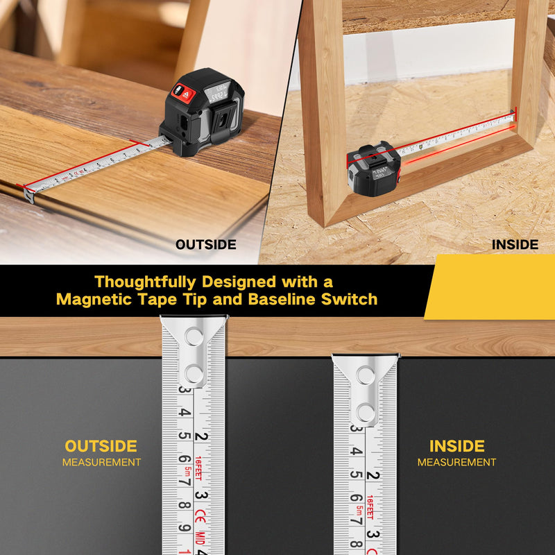 [Australia - AusPower] - 2 in 1 Laser Tape Measure, 130Ft Rechargeable Laser Measurement Tool & 16Ft Measuring Tape with Magnetic Hook, Flexible Baseline Switching, Area, Volume, Ft/Ft+in/in/M Unit 