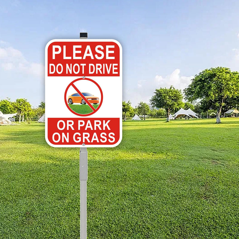 2-Pack No Parking on Grass Sign with 36" Metal Stakes, 10”x14” No Drive on Grass Rust-free Aluminum Yard Sign, Red/White 2 Pack- Red/White - 01