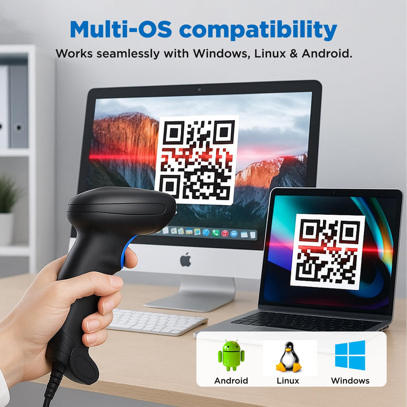 [Australia - AusPower] - Barcode Scanner with Stand, Code Reader with 1MP Image Sensor, 2D Barcode Scanner for Multi Purposes & Wired Connection with Visual Indicator Alert 