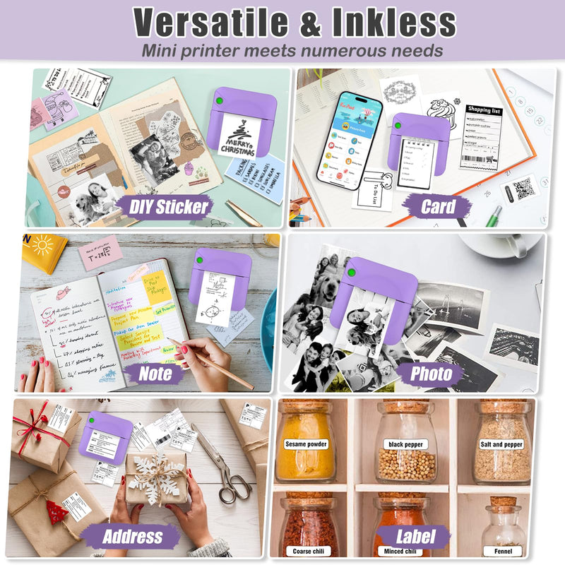 [Australia - AusPower] - Mini Sticker Printer,Mini Pocket Thermal Printer with 11 Rolls Paper,Bluetooth Inkless Printer Compatible with Android & iOS,Portable Receipt Printer for Photo,Journal,Memo,Travel,Purple Purple 