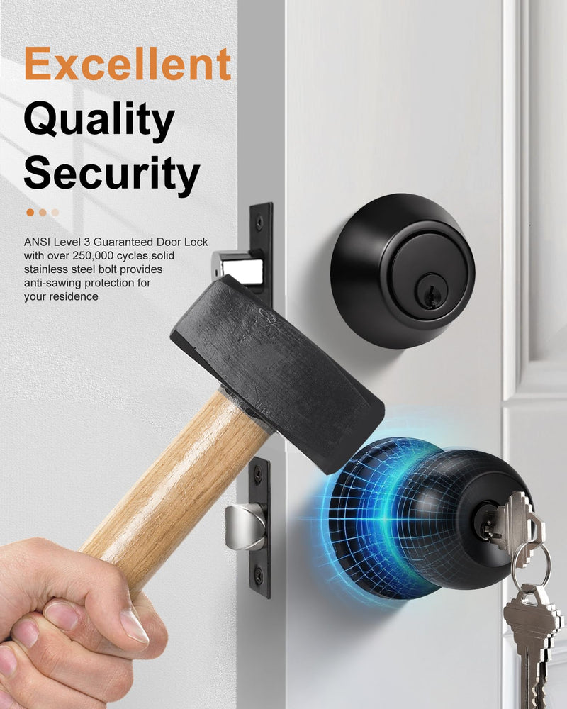Probrico Flat Black Entry Door Knob and Single Cylinder Deadbolt Set, Keyed Alike, 1Pack 1 Pack