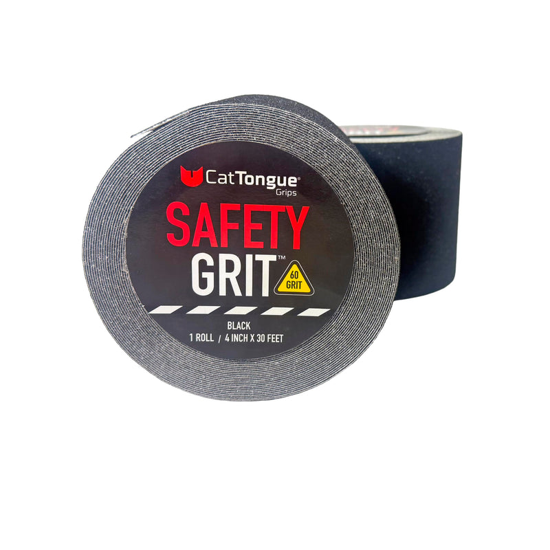 CatTongue Safety Grit Abrasive Grip Tape 4” - 60 Grit Anti-Slip Tape - Waterproof, Safety Traction for Stairs, Ramps & Walkways - Indoor/Outdoor Use - Independently Certified (Black, 30ft) 4" x 30'
