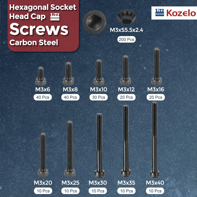 [Australia - AusPower] - 400pcs M3 Socket Head Cap Screws Bolts Nuts Assortment Kit - [M3x6/8/10/12/16/20/25/30/35/40mm] Alloy Steel Fully Threaded Black Oxide 12.9 Internal Hex Screw for 3D Printer Use M3x6/8/10/12/16/20/25/30/35/40mm 400 