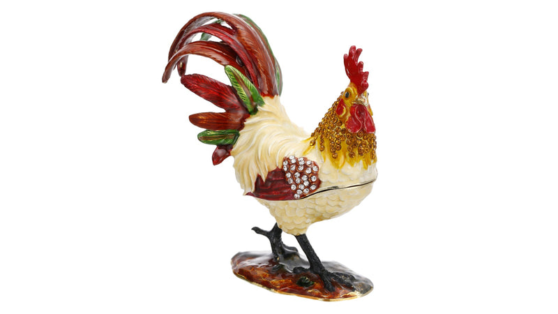 Hand Painted Enamel Rooster Trinket Box for Home Decor, Hinged Enamel Jewelry Organizer Storage, Unique Keepsake Collectible Figurine Personalized Elegant Ornament Gifts (Red Rooster) Red Rooster