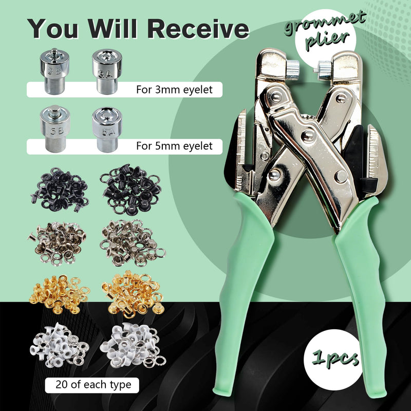 Grommet Eyelet Pliers Kit 3/16 1/8 Multi-Size Eyelets Hole Punch Plier with 160Pcs Metal Grommets Heavy Duty Eyelet Pliers Rivet Press Tool Set for Leather Tarps Clothes Belt Crafts