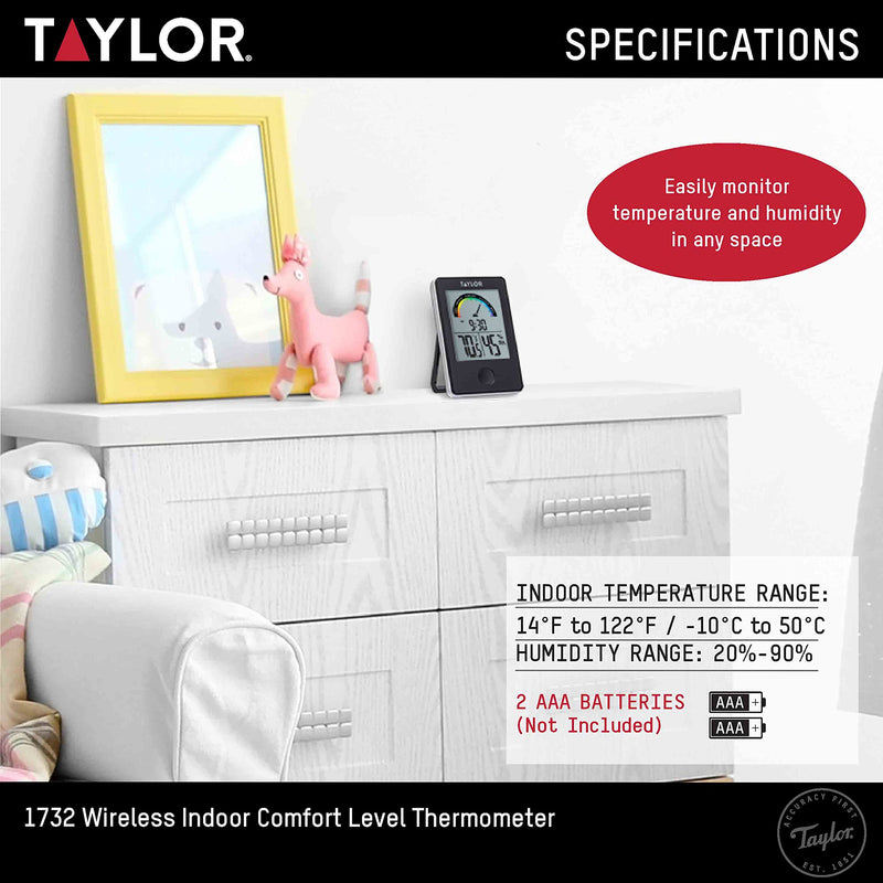 [Australia - AusPower] - Taylor Digital Wireless Indoor Comfort Level Thermometer and Hygrometer, Easy-to-Read Display for Home, Office, Greenhouse, Nursery, and Indoor Areas, Black Single Display 