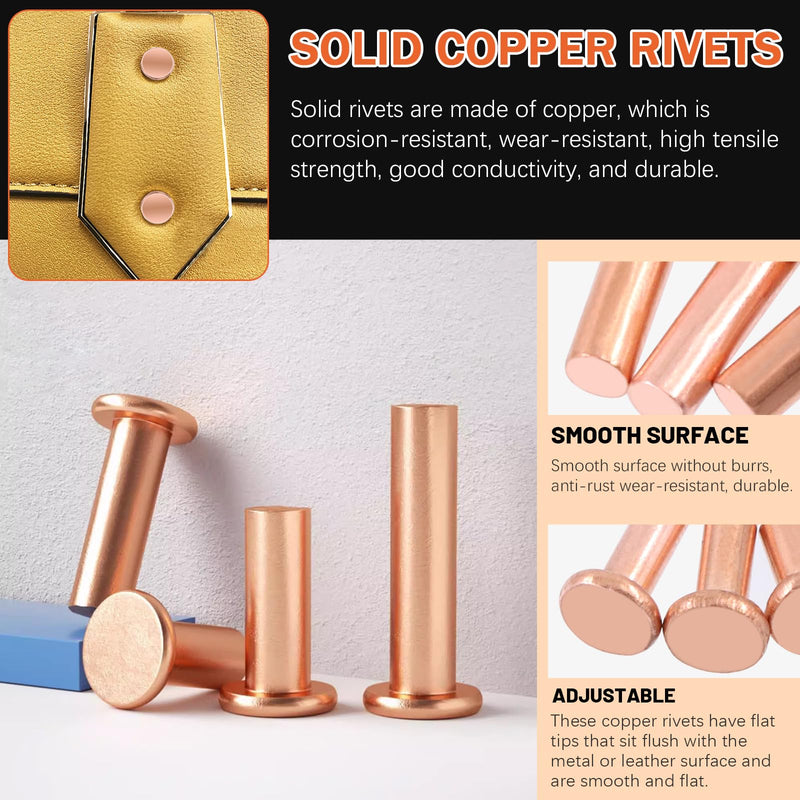 [Australia - AusPower] - 270Pcs Flat Head Copper Solid Rivets, M2x4/6/8, M2.5x5/8/10, M3x4/6/10 Solid Copper Rivets Fasteners for Electrical Applications Copper Finish Copper Tone 