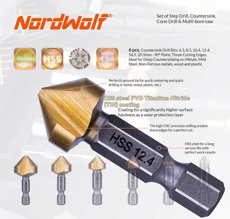 NordWolf 12-Piece HSS Titanium Metric Step, Countersink, Cone Drills with 1/4" Hex Shank, Multi Drill Saw & Automatic Center Punch Set in Storage Case 12 pcs