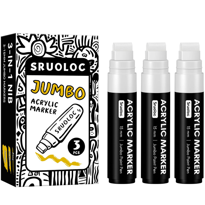 SRUOLOC 3 Jumbo Permanent Markers White, 15mm Thick Wide Tip, Large Acrylic Paint Markers for Rock Painting, Poster, Stone, Ceramic, Glass, Wood, Canvas