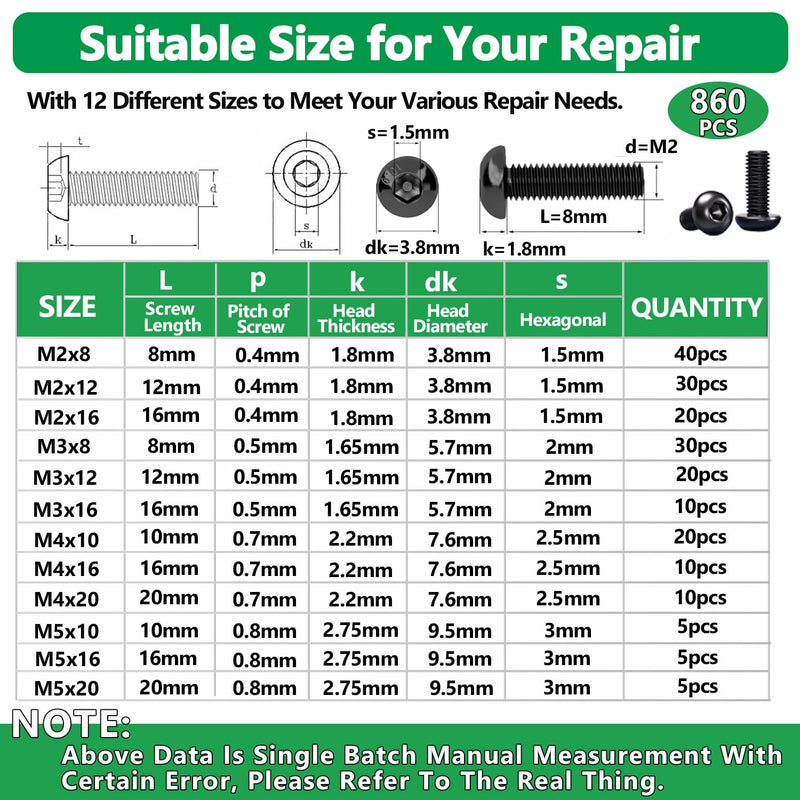 [Australia - AusPower] - 860PCS Metric Screw Assortment Kit, M2 M3 M4 M5 Machine Screws with Lock & Flat Washers, 10.9 Grade Alloy Steel, Metric Hex Button Head Cap Nuts and Bolts Assortment Kit with 4 Wrenches 860PCS Hex Button Head 