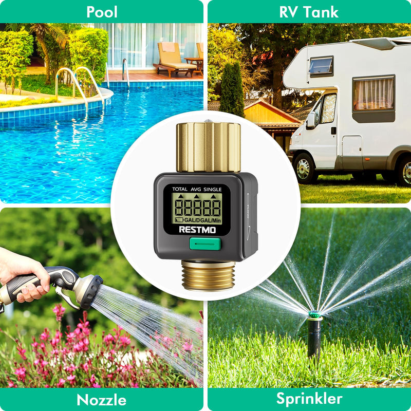 [Australia - AusPower] - RESTMO Water Flow Meter with Brass Inlet & Outlet, Measure Gallon/Liter Consumption and Flow Rate for Outdoor Garden Hose Watering, RV Water Tank Filling, Lawn Sprinkler and Nozzle Sprayer Gray 1 Pack 