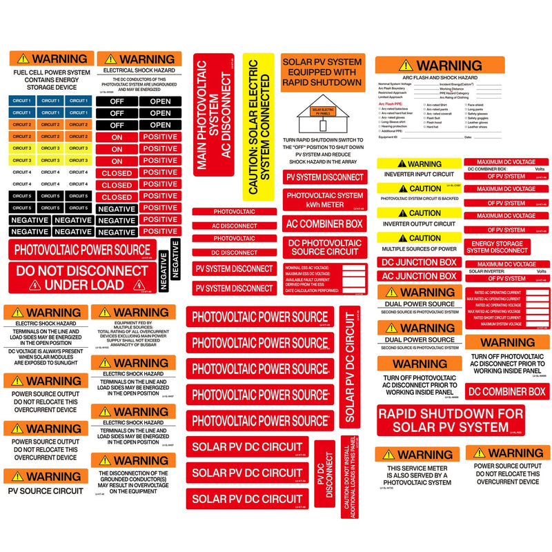 115 Pack Premium Solar PV System Labels - 2017/2020/2023 Code - UV Photovoltaic Solar System Stickers Kit/Electric Panel Labels-Outdoor Rated Laminated Strong Adhesive Waterproof