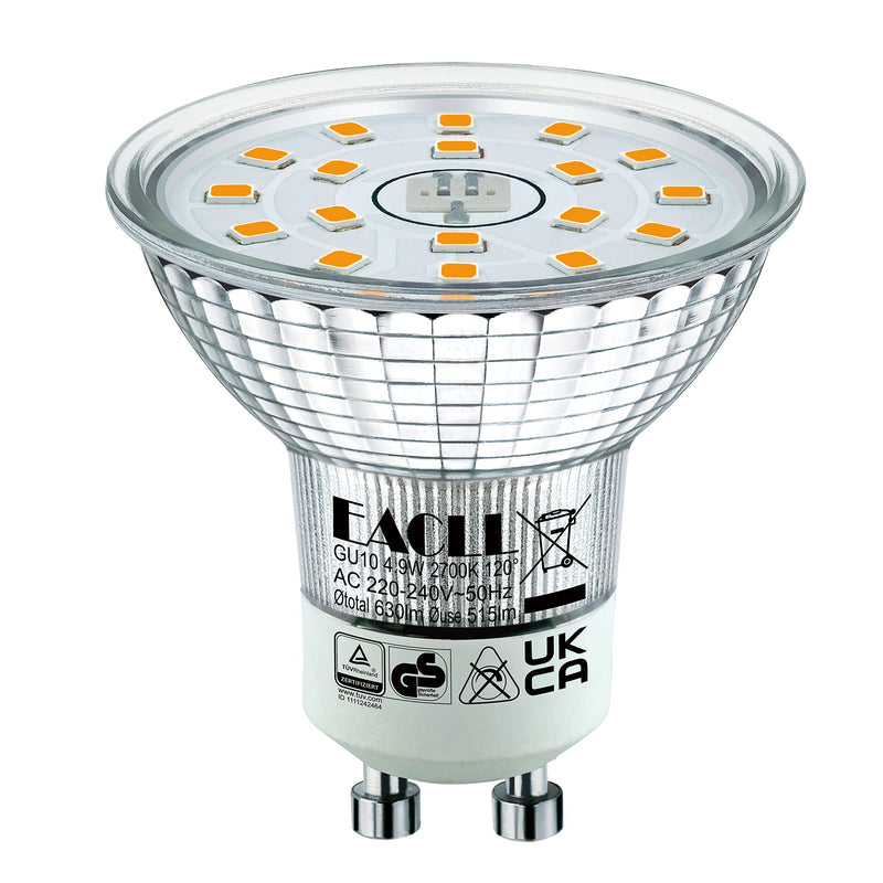 EACLL GU10 LED, Warm White, 4.9 W, Replaces 70 W Halogen Bulbs, Pack of 4, 515 Lumens 2700K Bulbs, AC 230 V, Flicker-Free Spotlight, Beam Angle 120°, Non-Dimmable Reflector Lamps 4 pcs (pack of 1) 4.9 W 2700 K Warm White Light