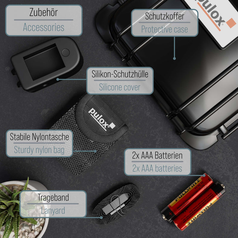 Pulox PO-200 Pulse Oximeter SPO2 with OLED Color Display Black incl. Hardcase Duracell Battery, Dust Cover, Nylon Pouch and Carry Strap-