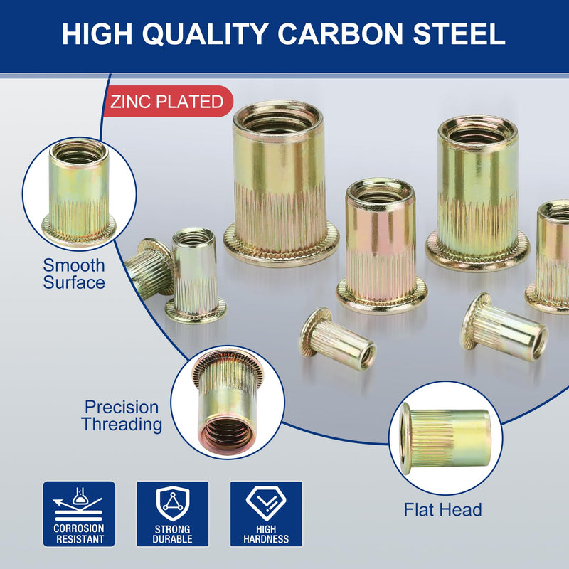 [Australia - AusPower] - WORKPRO 220Pcs Metric Rivet Nuts, Zinc Plated Carbon Steel Flat Head Threaded Insert Nut with Knurled Body, Include Storage Case, 7 Sizes Rivnuts Assortment Kit-M3, M4, M5, M6, M8, M10, M12 Metric- 7 size 220pc Carbon Steel 