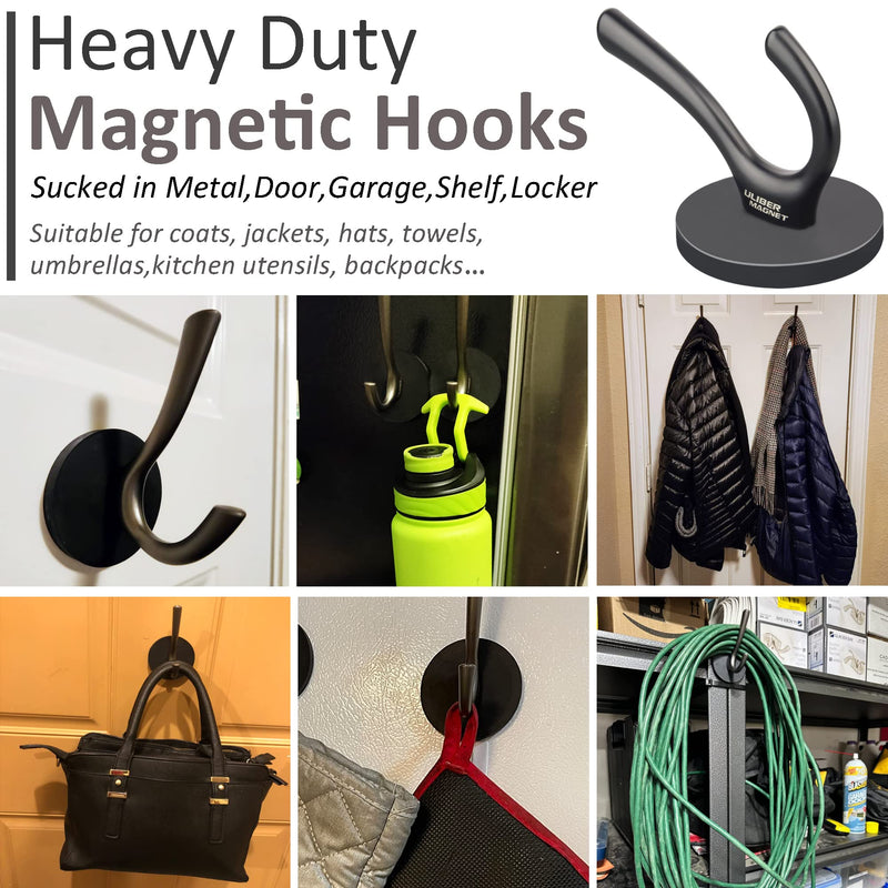 [Australia - AusPower] - ULIBERMAGNET Strong Magnetic Double Hooks, 2 Pack Heavy Duty Sturdy Coat Magnetic Hooks, Rubber Magnets Large Hooks for Coat Robe Towel Key Hat (Black) Black 