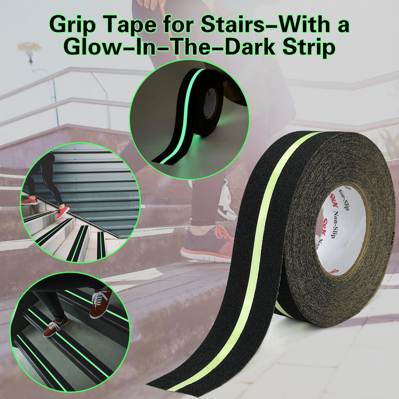 S&X Heavy Duty Anti Slip Tape 2 Inch x 60 Ft with Glow in The Dark Strip - Durable Grip Tape for Stairs, Outdoor Non Slip Stair Tread Non-Skid Safety Tape 2" X 60' Black/Glow-in-the-Dark