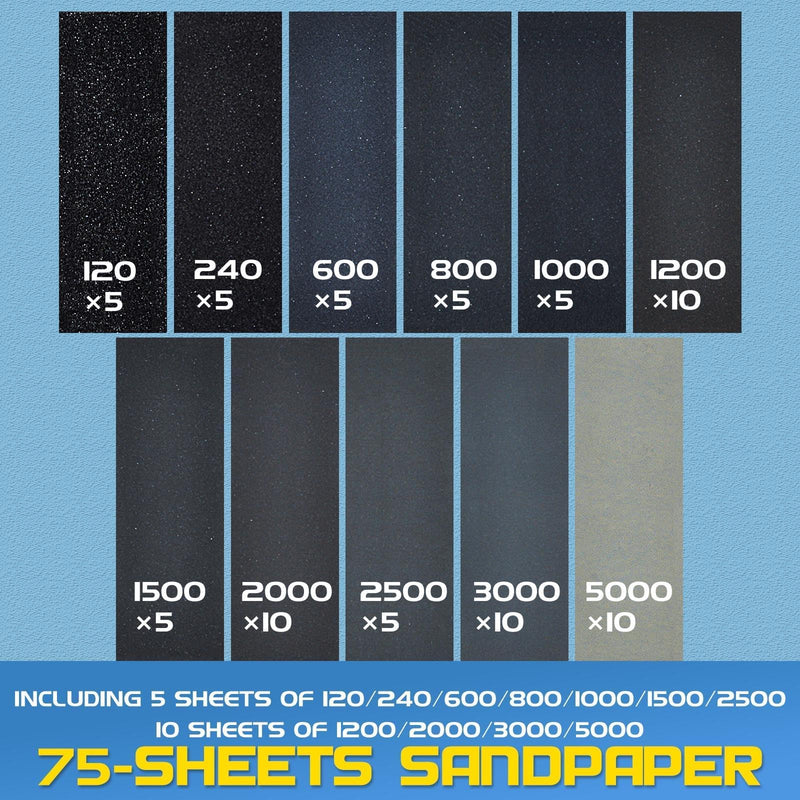 [Australia - AusPower] - Taspire Wet Sandpaper Set, Sandpaper Set 9 x 3 cm, Grit 120 to 5000, Sandpaper Fine (Pack of 75) 