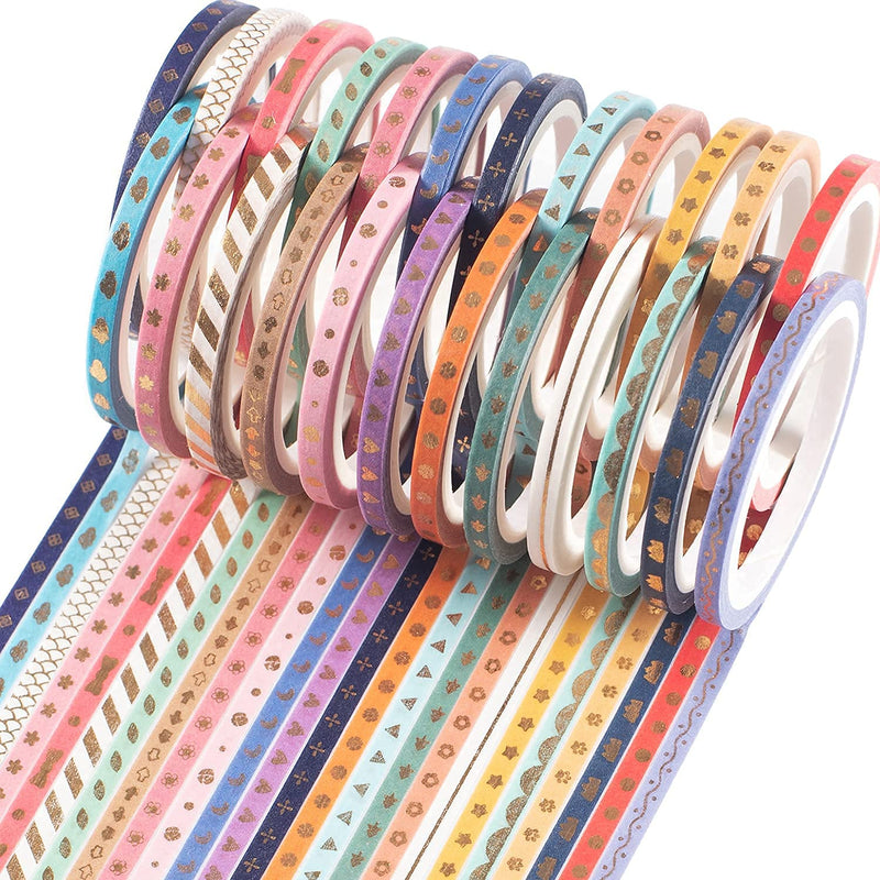 24 Rolls Washi Tape Set Foil Gold Skinny Decorative Masking Tape 3MM Wide Scrapbook Tape for DIY Craft Art Projects Journal Gift Wrapping
