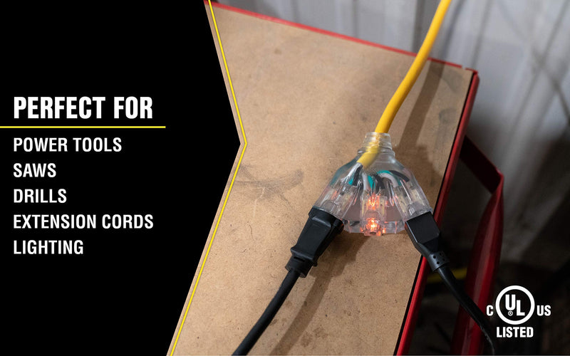 Southwire Yellow Jacket 2816 Coleman GFCI Quad In-Line Power Block - 125 V - 15 A - 12/3 AWG SJTW - 3-Outlet - Yellow - Durable Electrical Cord