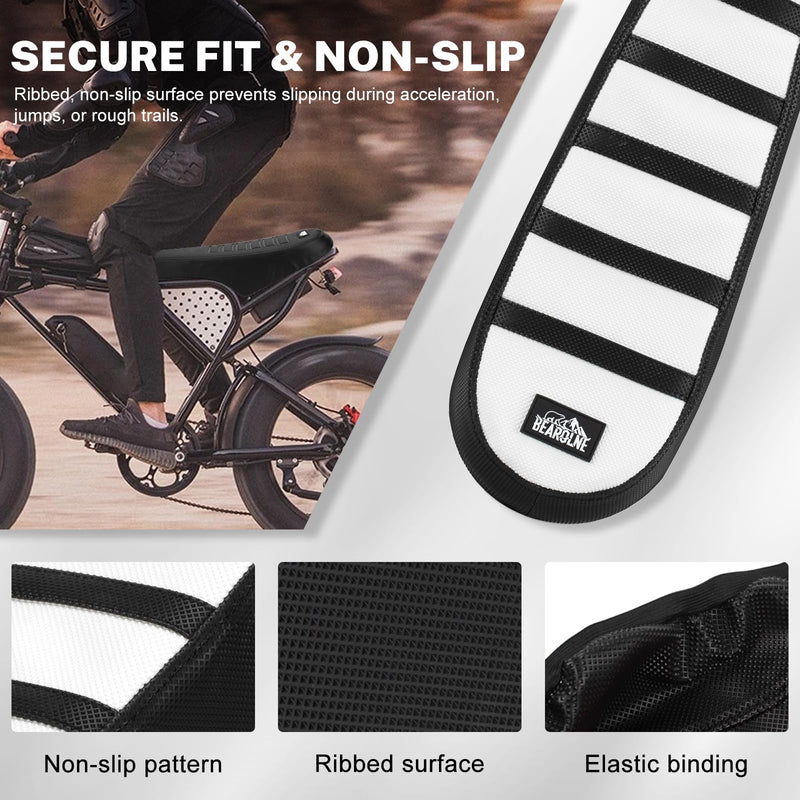 Ebike Seat Cover Upgraded for Ridstar Q20/Q20 pro EBikes Waterproof Non-Slip Seat Cover with Elastic Strap Seat Covers for Electric Dirt Bike (White with Black Ribs) White with Black Ribs