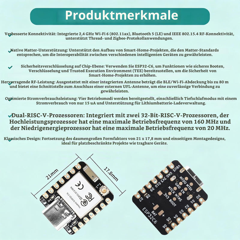 Heemol For XIAO ESP32-C6 Development Board, ESP32 C6 Mini WLAN BLE5.0 Microcontroller, Battery Charging Supported, Energy Efficiency, Ideal for Zigbee Smart Homes, IoT, Portable Devices