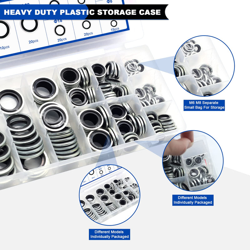[Australia - AusPower] - 165PCS Bonded Sealing Washers, NBR Metric Zinc-Plated Steel Self-Centred Sealing Rubber Washers, Automotive Seal Gasket Crush O-Ring Assortment Kit Set M6 to M24 165PCS Black Seal Washers 