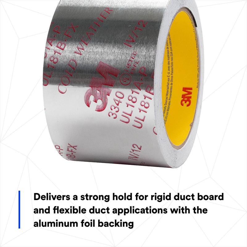 3M Aluminum Foil Tape 3340, 2.5" x 50 yd, 4.0 mil, Silver, HVAC, Sealing and Patching Hot and Cold Air Ducts, Fiberglass Duct Board, Insulation, Metal Repair 2.5 inches x 50 yards x 0.004 inches