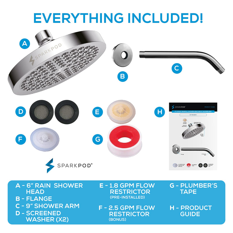 SparkPod 6" High Pressure Rain Shower Head with 9" Shower Arm - High Pressure Rain - Luxury Modern Look - Rainfall Experience - No Hassle Tool-less 1-Min Installation (Luxury Polished Chrome) Shower Head + 9 Inch Shower Arm