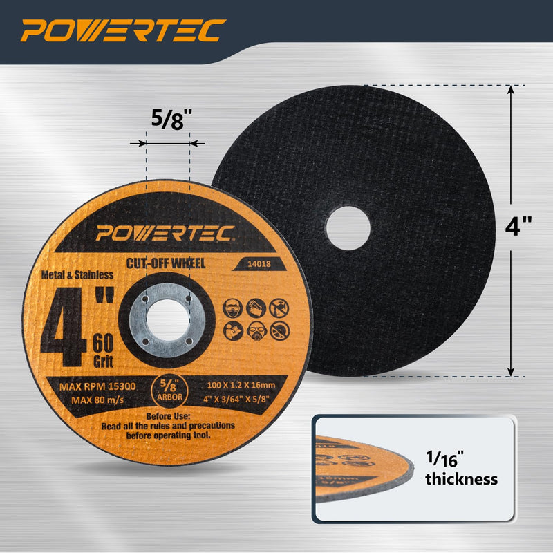 [Australia - AusPower] - POWERTEC 4" Cut Off Wheels 25 Pack, 1/16" Thick with 5/8" Arbor, Metal & Stainless Steel Cutting Wheel for Angle Grinder, Iridium-Coated Aluminum Oxide 60 Grit (14018) 4" Cut Off Wheels 1/16" Thick, 5/8" Arbor 