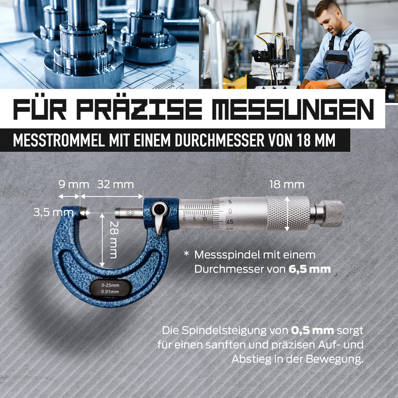 [Australia - AusPower] - MIB Outside Micrometer DIN 863, Painted Shackle | Precision Tool | Micrometer with HM Measuring Surfaces | Measuring & Plan Tools | Diameter Measuring Device | Measuring Range 0-25 mm | Includes 