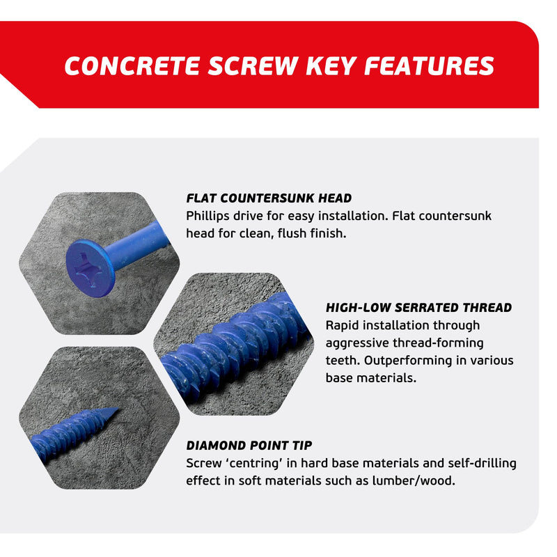 [Australia - AusPower] - 3/16 x 1-1/4" Countersunk Phillips Flat Head Blue Concrete Screw Anchors (100 pcs Screw Kit) with one Screwdriver and Drill Bit for Concrete, Masonry, Block, Brick and Wood fastening 3/16 x 1-1/4 