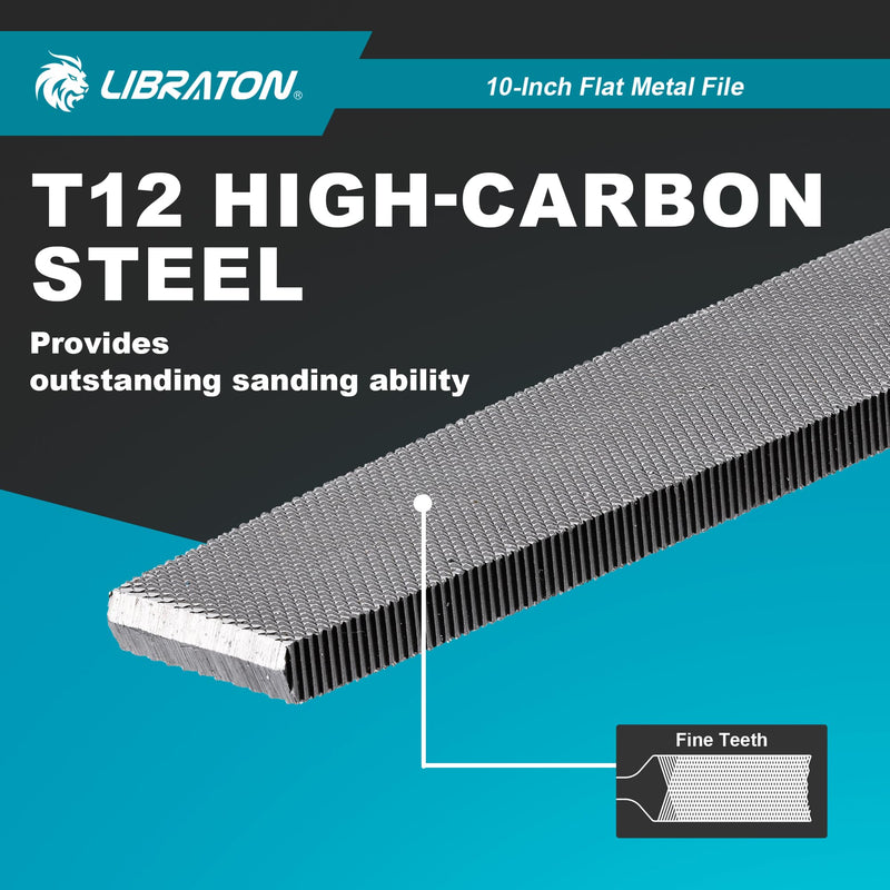 [Australia - AusPower] - LIBRATON 10-Inch Flat Metal File, Metal File Tool, High Carbon Steel File with Ergonomic Handle, Hand File for Metal, Metalworking, Wood, Plastic, Flat File for Refining, Shaping and Scraping flat-10inch 