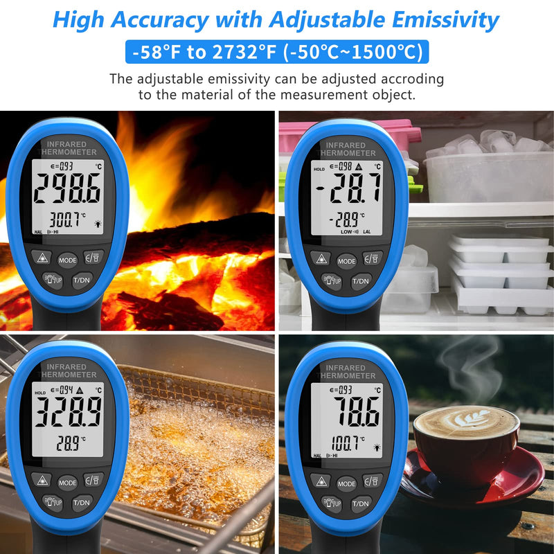 [Australia - AusPower] - Infrared Thermometer Temperature Gun -58℉~2732℉ Laser No Touch Thermometer Digital Thermal High Temp Gun with Adjustable Emissivity IR Pyrometer for Cooking Kiln Car Engine Industry (NOT for Human) 