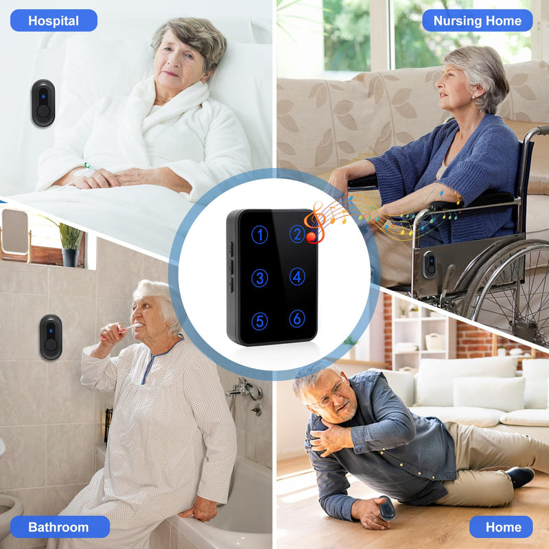 Wireless Caregiver Pager Call Button Nurse Call System 500Ft Range with LED Number Display for Elderly/Patient/Disabled at Home/Hospital/Clinic(6 Waterproof Call Button & 2 Receiver) Black 6+2