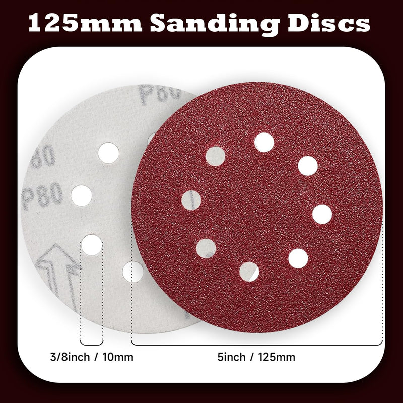Pack of 110 Sandpaper 125 mm, Sanding Discs 125 mm 8 Holes Round (18 x P40/60/80/100/120, 10 x P180/240 Grit), Sanding Sheets for Random Orbital Sanders (Abrasion-Resistant, Does Not Release Grains)