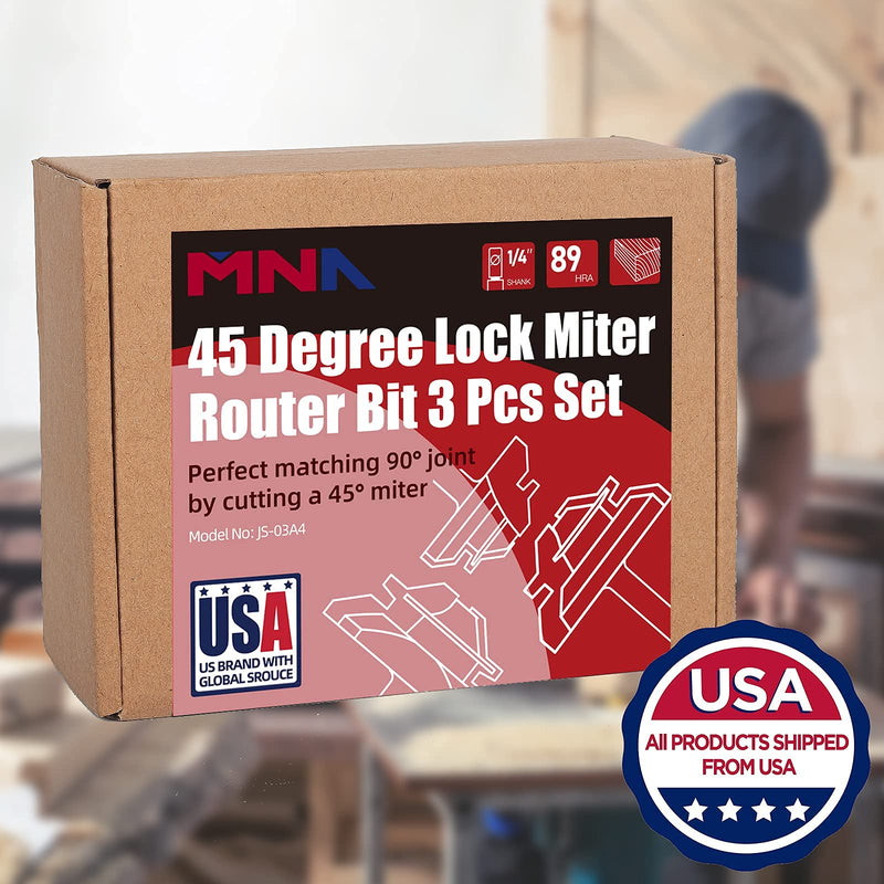 [Australia - AusPower] - MNA 45 Degree Lock Miter Router Bit 3-piece Set, for 1/2”, 5/8”, 3/4” cutting height, 1/4 Inch Shank. Easy to Create Lock Miter Joint 