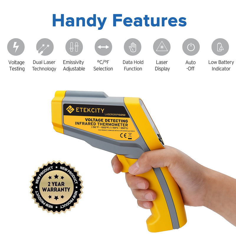 Etekcity Lasergrip 1030D Infrared Thermometer (Not for Human) Gun Dual Laser Non-Contact Temperature Filtering-58℉ to 1022℉ (-50℃ to 550℃), 8.9 x 2.2 x 5.3, Yellow & Gray