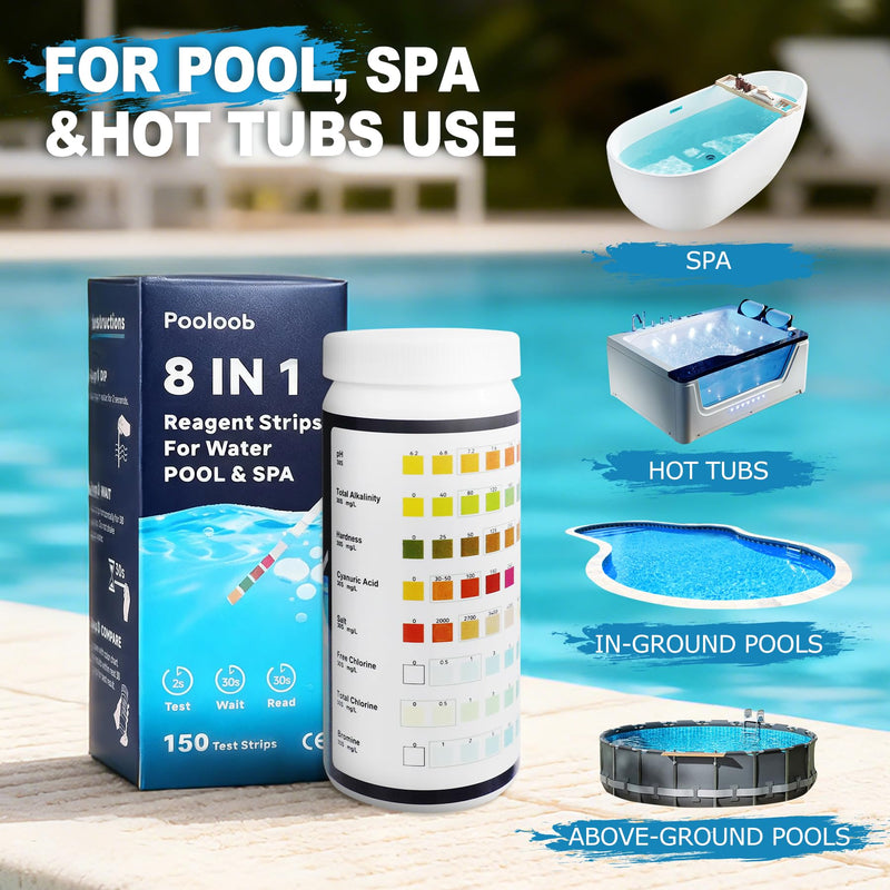 [Australia - AusPower] - Pooloob 8-in-1 Pool and Spa Test Strips, 150 Count Water Testing Kit for Saltwater & Chlorine Pools - Tests pH, Salt, Free Chlorine, Bromine, Alkalinity, Hardness, Cyanuric Acid & Total Chlorine 