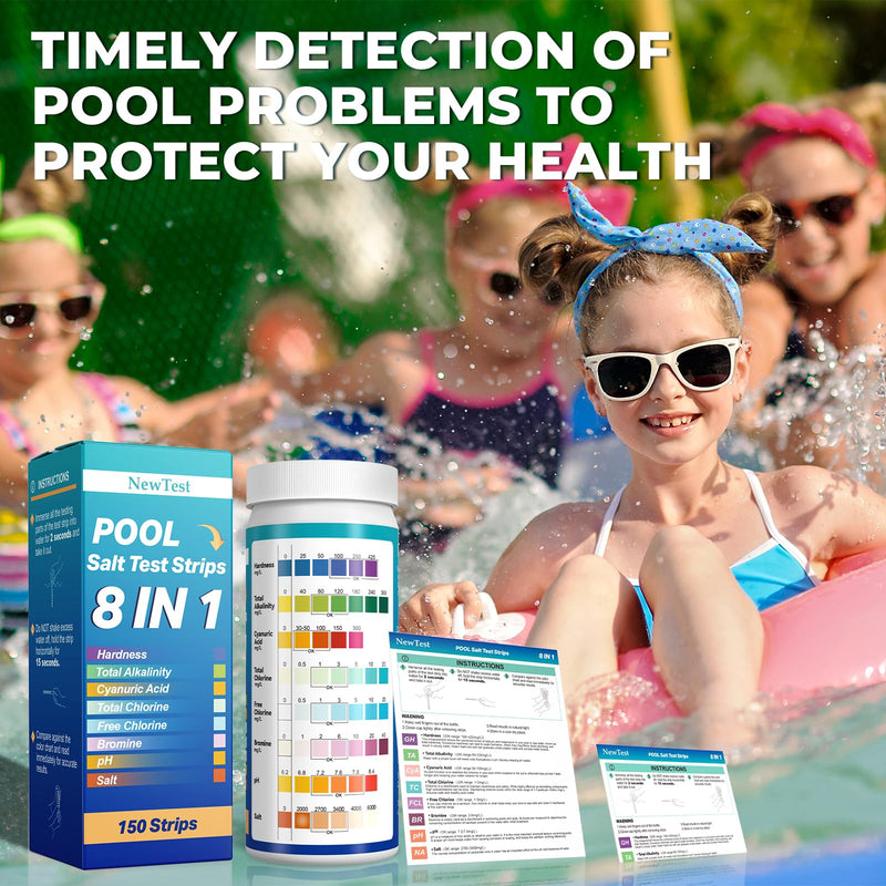 Pool Salt Test Strips: 150CT 8 in 1 Professional Pool Test Strips for Salt Water Pool & Hot Tub & Spa & Swimming Inground Pools - Quick Accurate Results Saltwater Pool Testing Kit 150
