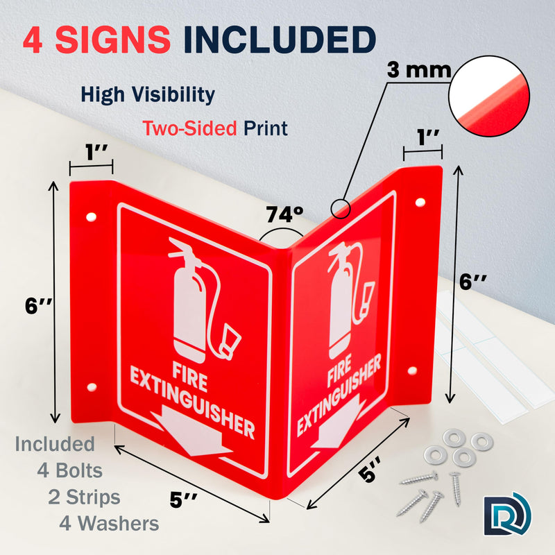 Fire Extinguisher Sign with Arrow, 6 Inch 3D Two-Sided Acrylic Projecting V Sign, Fire Extinguisher Signs for Wall Mount, Business Signs with Screws, 4 Pack Red Acrylic - Pack of 4