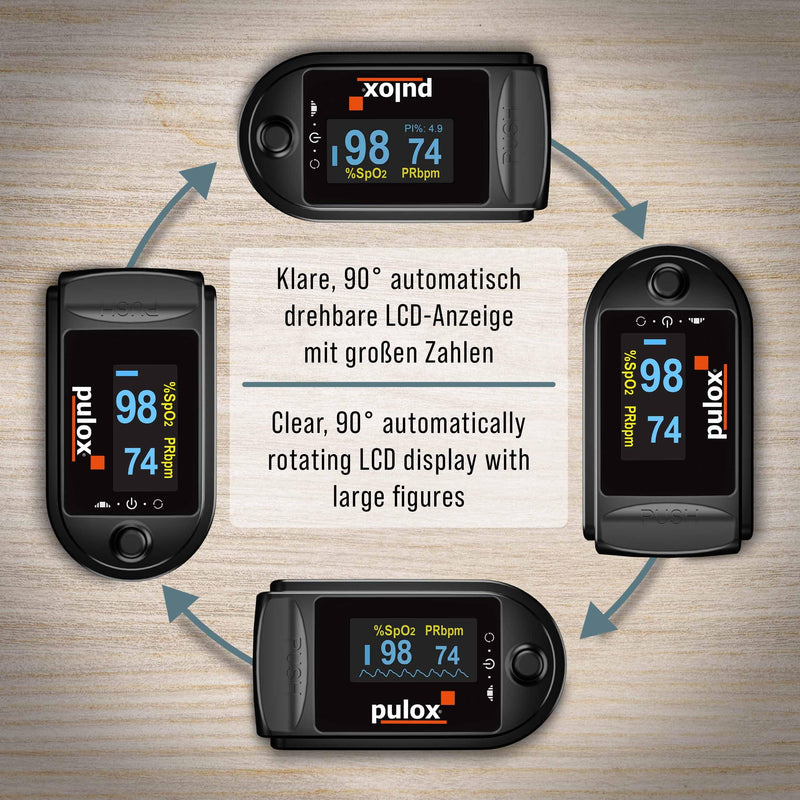 Pulox PO-200 Pulse Oximeter SPO2 with OLED Color Display Black incl. Hardcase Duracell Battery, Dust Cover, Nylon Pouch and Carry Strap-