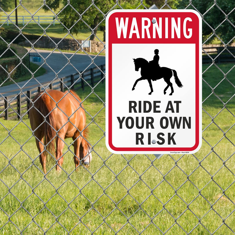 SmartSign 18 x 12 inch “Warning - Ride At Your Own Risk” Horse Riding Warning Metal Sign, 63 mil Laminated Rustproof Aluminum, Red, Black and White, Made in USA 12" x 18" Aluminum Sign_2