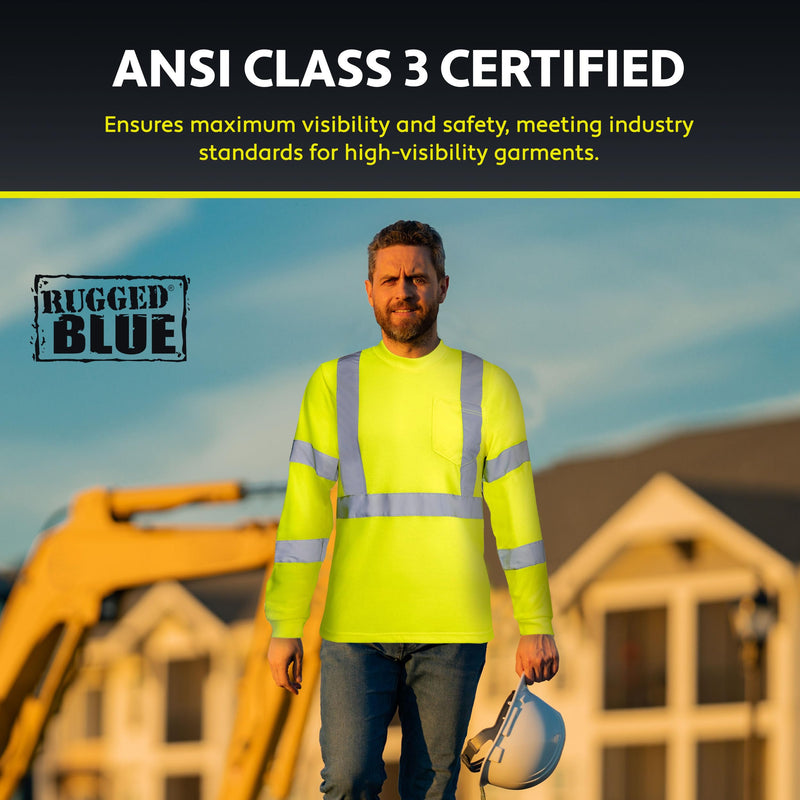 RUGGED BLUE Moisture Wicking High Vis Long Sleeve Shirt, ANSI Class 3 Rated High Visibility Work Shirt with Reflective Tape, 3X-Large