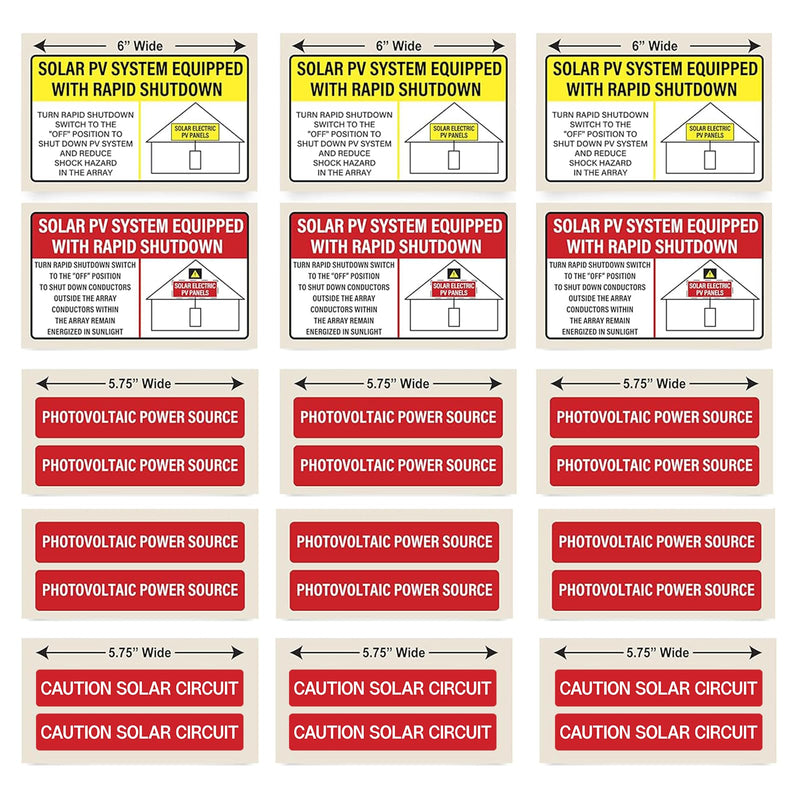 Solar PV Safety Installer Label Kit - Equipped with Rapid Shutdown, Photovoltaic Power Source, Caution Solar Circuit - Electrical Panel Safety Stickers (24 Pack)